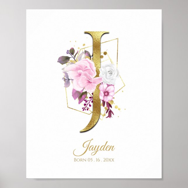 Monogram Letter J Gold Foil & Pink Floral Nursery Poster (Front)