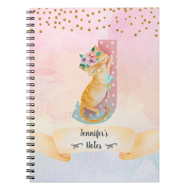 Monogram Letter J Kitten Girl Daily Diary Notebook (Front)