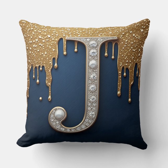 Monogram Letter J Navy Gold Dripping Paint Cushion (Front)
