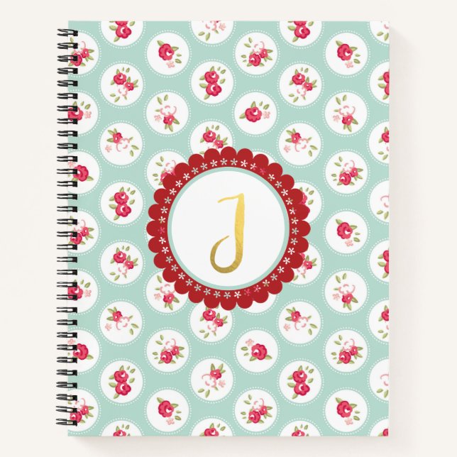Monogram LETTER J Turquoise Red Country Floral Notebook (Front)