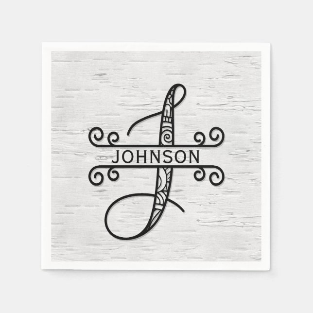 Monogram Letter J with Family Name Napkin (Front)