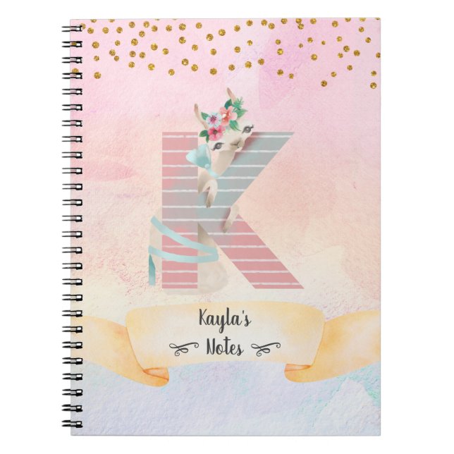 Monogram Letter K Baby Llama Girl Daily Diary Notebook (Front)