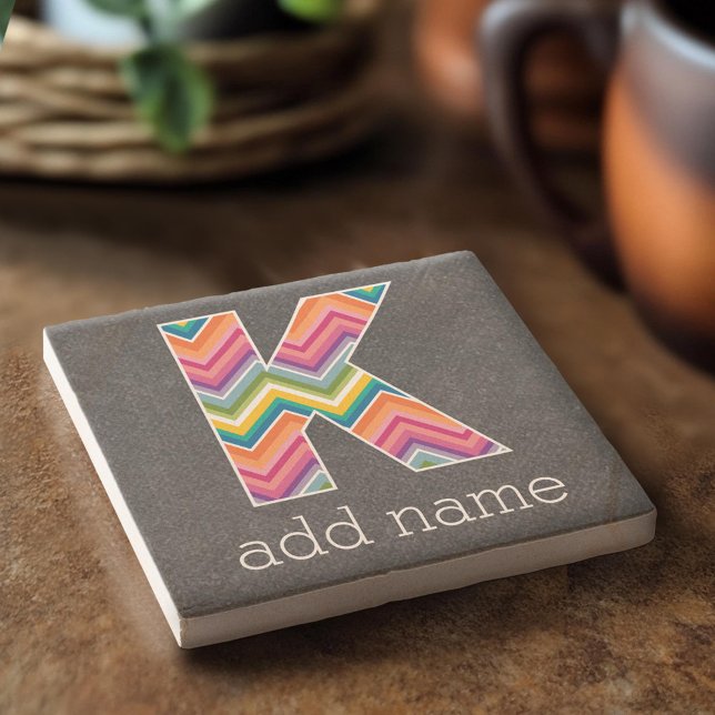 Monogram Letter K - Chalkboard and Bright Chevrons Stone Coaster (Custom Stone Coaster)