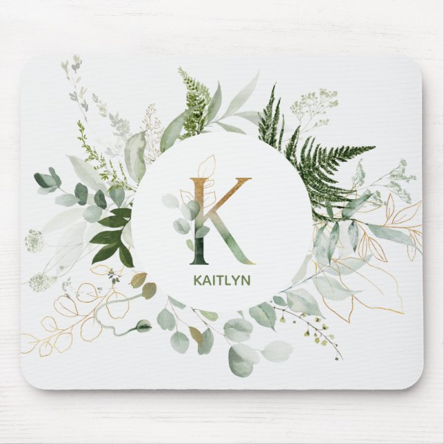 Monogram Letter K Greenery Wreath Mouse Pad (Front)