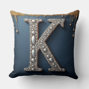 Monogram Letter K Navy Gold Dripping Paint Pearl Cushion