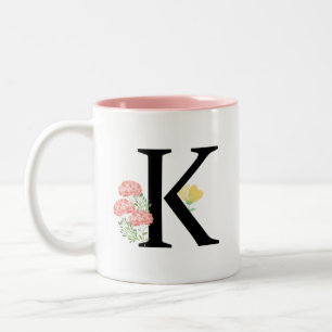 Monogram Letter K Watercolor Rose Floral Spray Two-Tone Coffee Mug