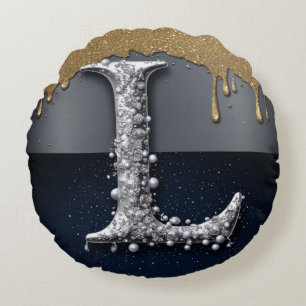 Monogram Letter L Gold Dripping Silver Luxury Round Cushion