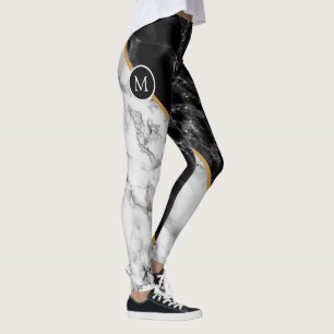 Monogram Letter Leggings Black White Marble
