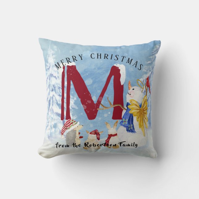 Monogram Letter M Angel Snowman Christmas Cushion (Front)