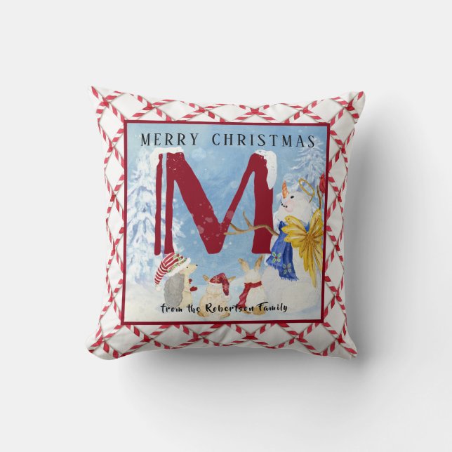 Monogram Letter M Angel Snowman Christmas Cushion (Front)
