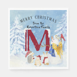Monogram Letter M Angel Snowman Christmas Napkin