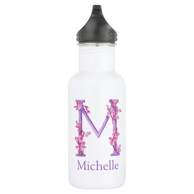 Monogram letter M name orchid pink purple 532 Ml Water Bottle (Right)