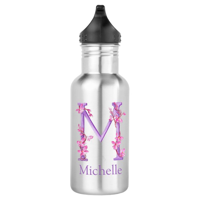 Monogram letter M name orchid pink purple 532 Ml Water Bottle (Right)