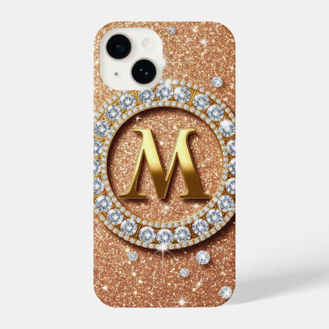 Monogram Letter M on Rose Gold Glitter Background iPhone Case (Back)