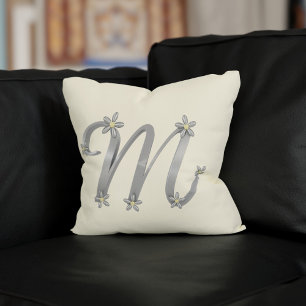 Monogram Letter M Silver Cream Throw Pillow