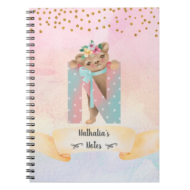 Monogram Letter N Baby Bear Girly Notebook (Front)