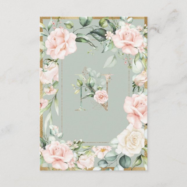 Monogram Letter N Green Floral Roses  Thank You Card (Front)