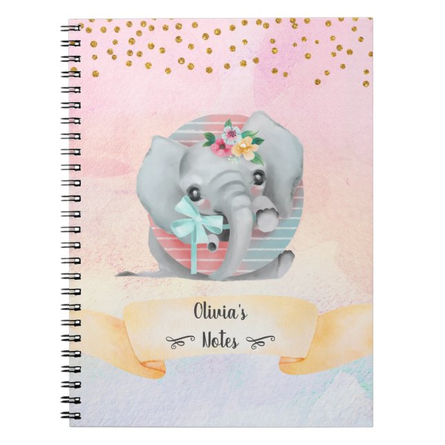Monogram Letter O Baby Elephant Girly Notebook (Front)