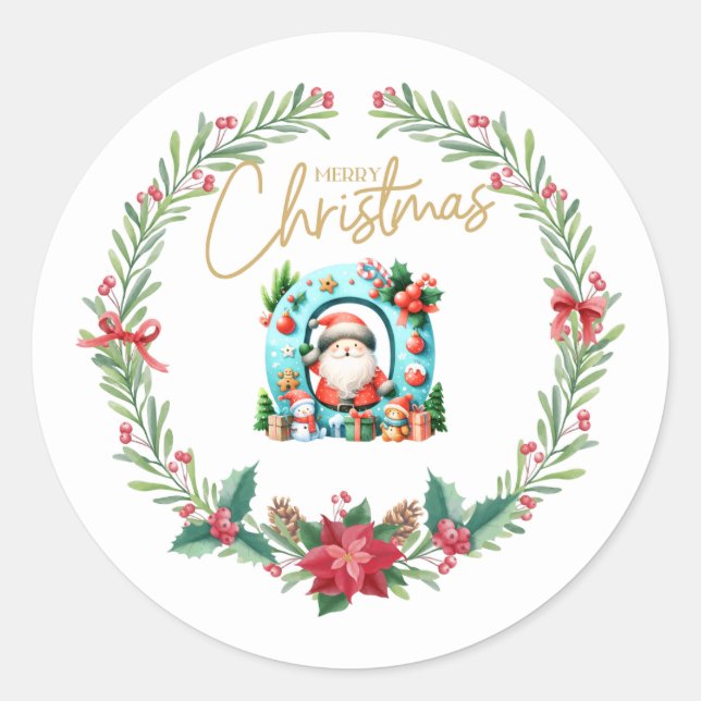 Monogram letter O, Christmas Wreath w/ Santa Claus Classic Round Sticker (Front)