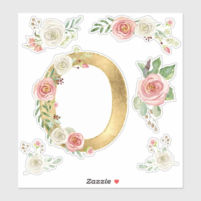 Monogram Letter O Pink Rose Floral Leaf Watercolor (Sheet)