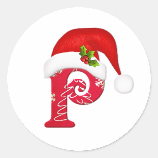 Monogram letter P, Santa hat Christmas Sticker (Front)