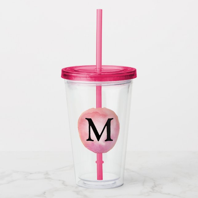 Monogram Letter Pink Watercolor Girl Acrylic Tumbler (Front)