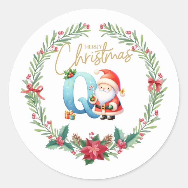 Monogram letter Q, Christmas Wreath w/ Santa Claus Classic Round Sticker (Front)