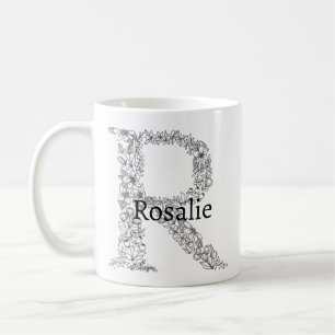 Monogram Letter R Black White Botanical Floral Coffee Mug