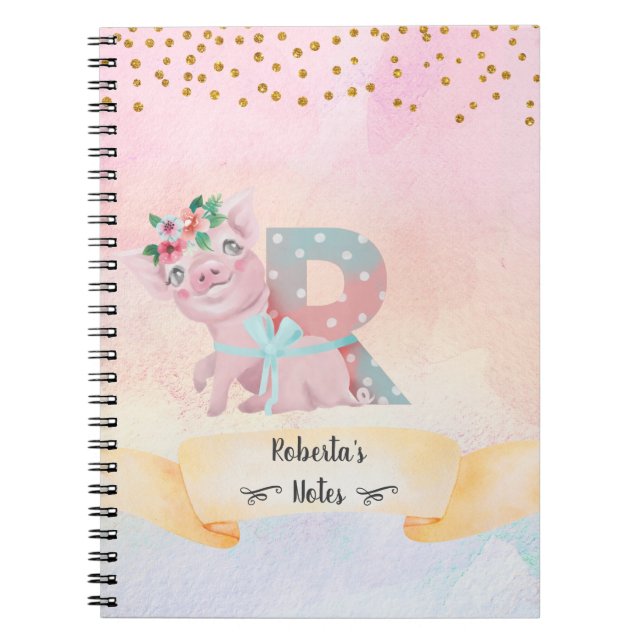 Monogram Letter R Cute Pig Girl Daily Study Notebook (Front)