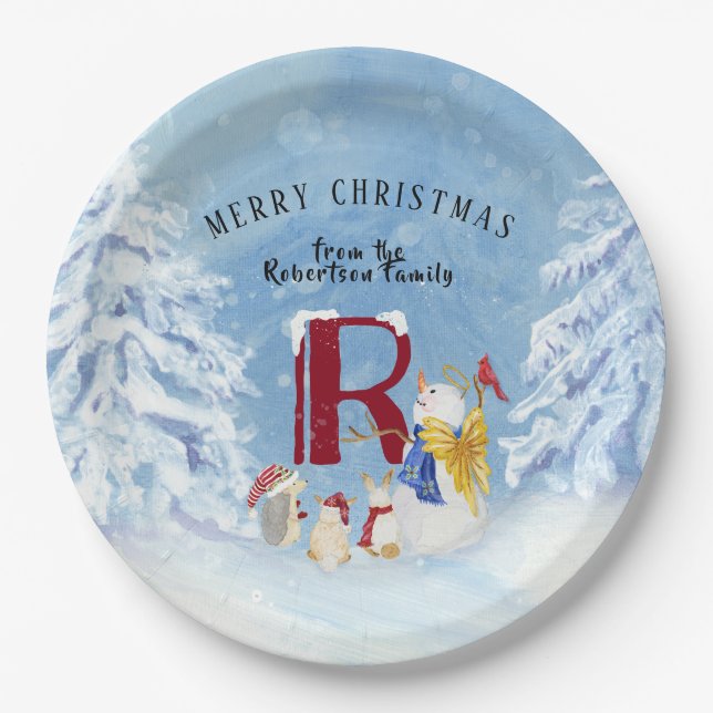 Monogram Letter R Merry Christmas Angel Snowman Paper Plate (Front)