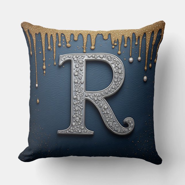 Monogram Letter R Navy Gold Pearl Initial Design Cushion (Front)