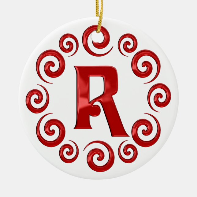 Monogram Letter R Red Ceramic Tree Decoration (Front)