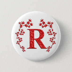 Monogram Letter R Red Leaves 6 Cm Round Badge