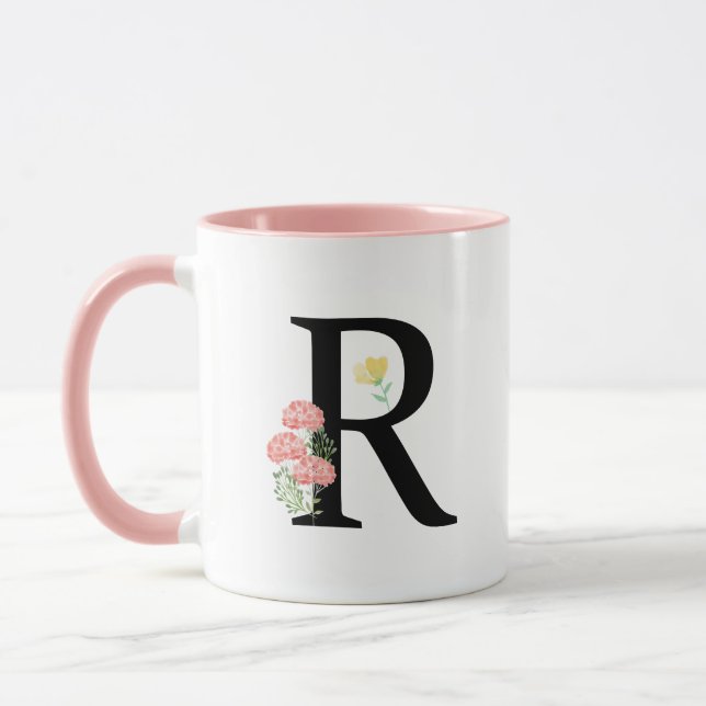Monogram Letter R watercolor flowers modern chic Mug (Left)