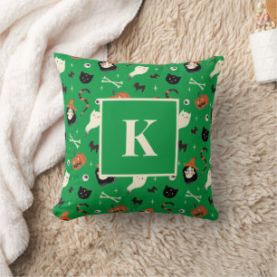 Monogram Letter Retro Halloween Witch Pattern Cushion
