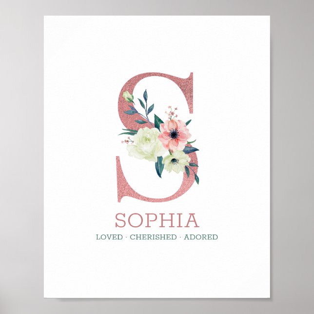 Monogram Letter S Pink Watercolor Floral Nursery Poster (Front)