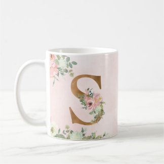 Monogram Letter S Watercolor Floral Coffee Mug