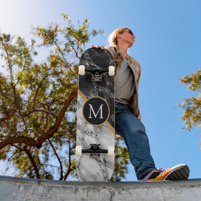 Monogram Letter Skateboard Gift Black White Marble (Outdoor 1)