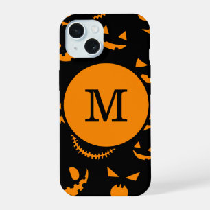 Monogram Letter Spooky Jack O Lantern Faces iPhone 15 Case