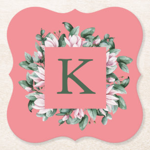 Monogram Letter Square Floral Frame Paper Coaster