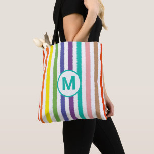 Monogram Letter Summer Beach Fun Rainbow Stripe Tote Bag