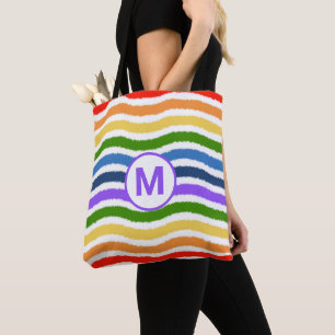 Monogram Letter Summer Beach Fun Rainbow Waves Tote Bag