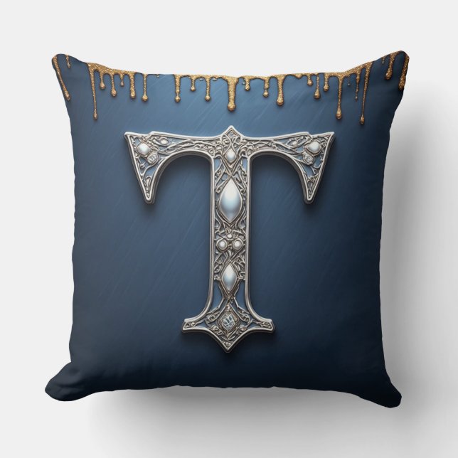 Monogram Letter T Navy Gold Dripping Paint Cushion (Front)