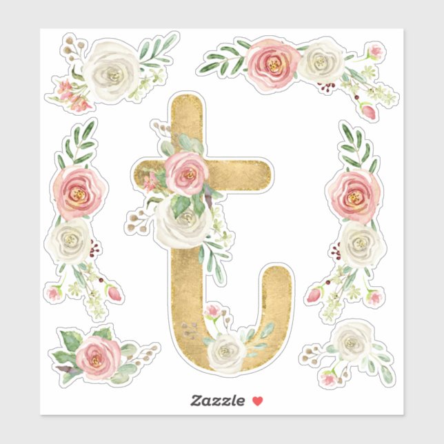 Monogram Letter T Pink Rose Floral Leaf Watercolor (Sheet)