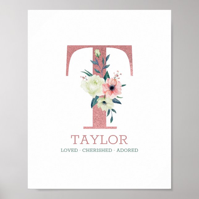 Monogram Letter T Pink Watercolor Floral Nursery Poster (Front)