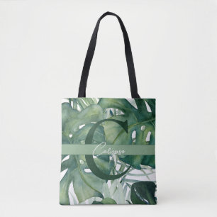 Monogram Letter Tropical Leaves Monstera Greenery Tote Bag