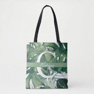 Monogram Letter Tropical Leaves Monstera Greenery Tote Bag