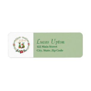Monogram Letter U :Christmas Wreath w/ Santa Claus Return Address Label