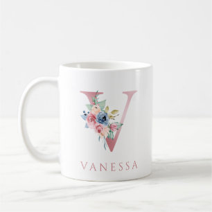 Monogram Letter V Floral Watercolor Coffee Mug