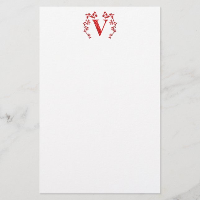 Monogram Letter V Red Leaves Stationery (Front)